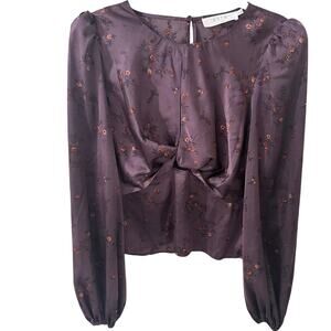 ASTR The Label Twist Front Floral Satin Keyhole Balloon Sleeve Top Plum, 
XL